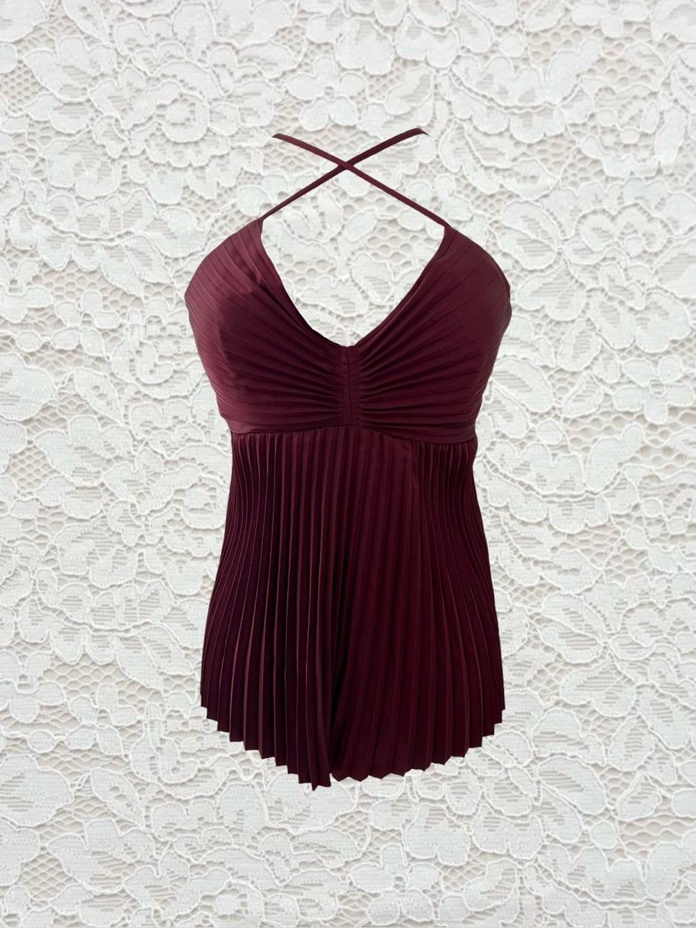 vintage burgundy pleated strappy tank top
